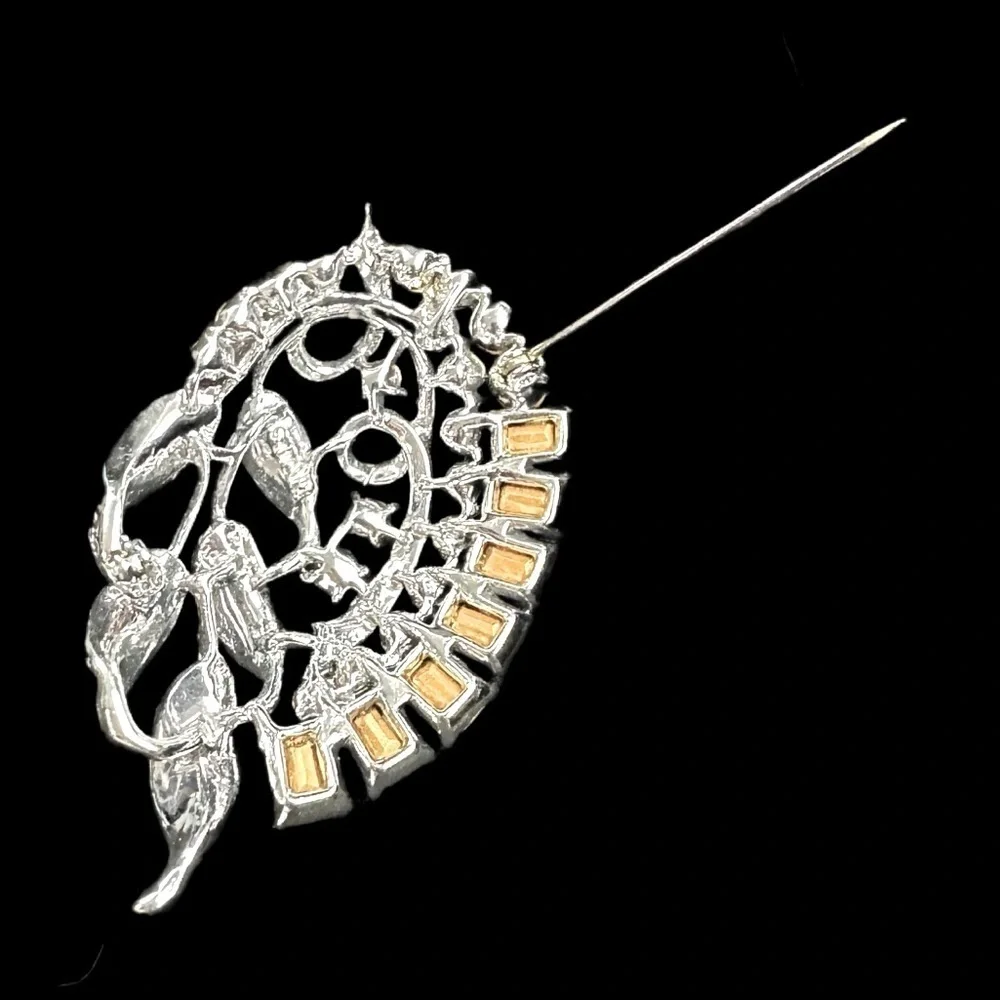 Elegant Vintage Silver and Rhinestone Leaf Brooch - MINT CONDITION